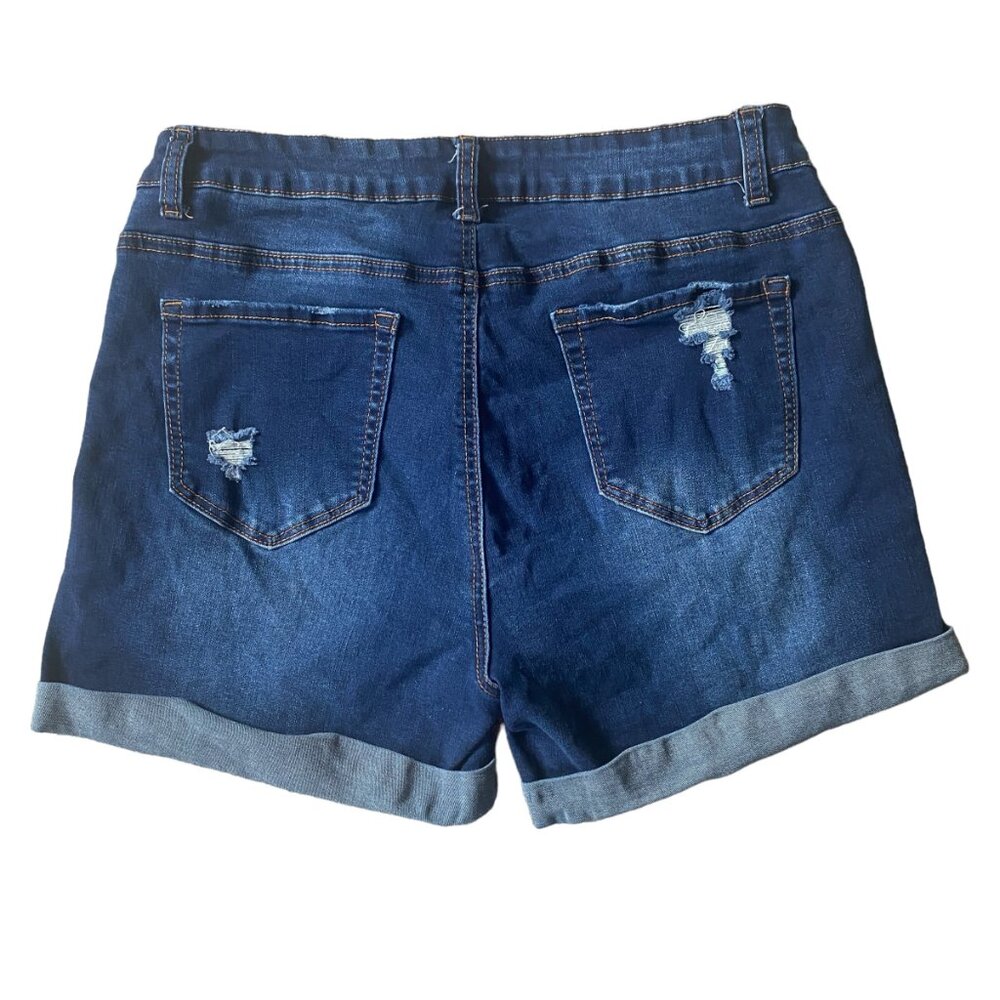Blue Savvy women's 14 dark wash blue cuffed ripped button zip stretchy shorts - Picture 2 of 6